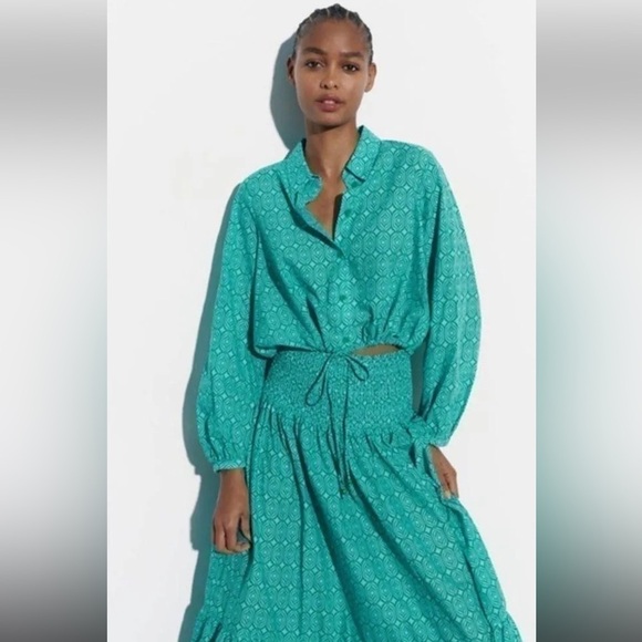 Womens Zara Geometric Long Sleeve Collared Tied Blouse & Smock Tiered Skirt SetL - Picture 1 of 15